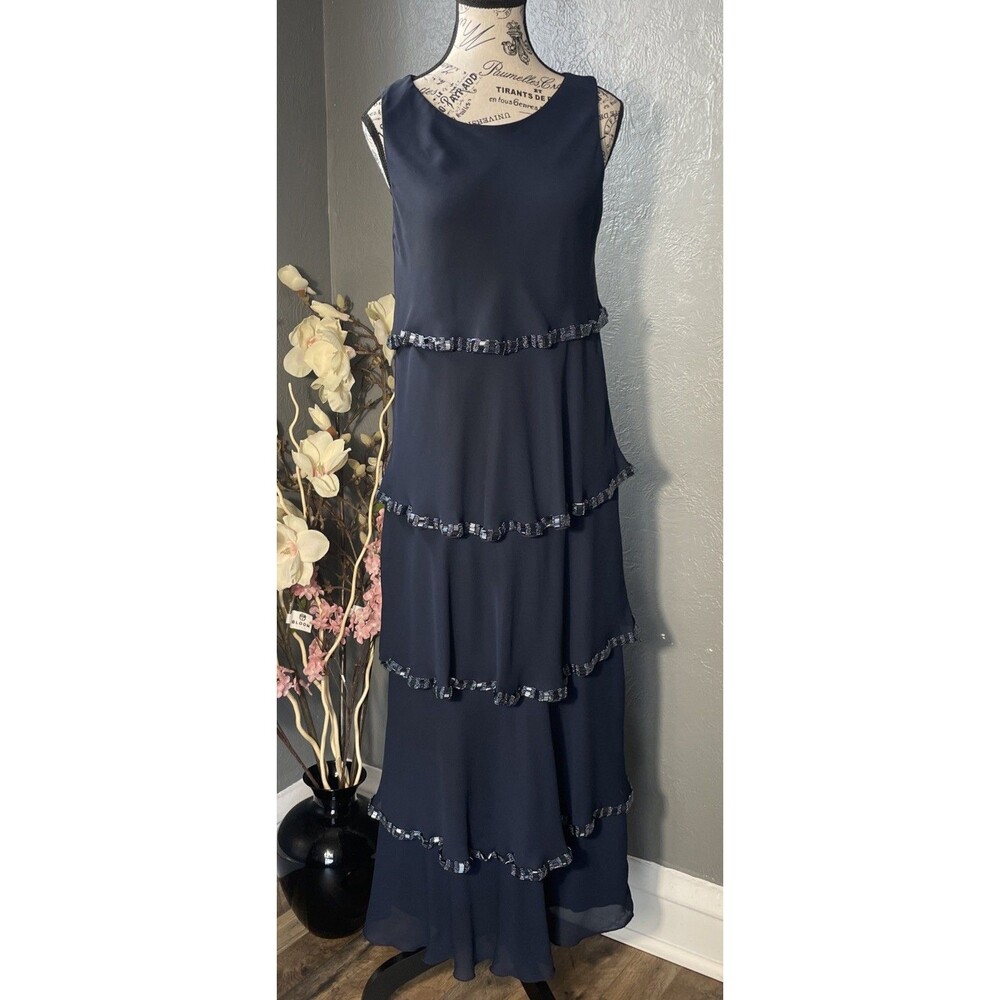 Alexandra Lind for Fiandaca Blue Tiered Ruffle Dress Beaded Trim Size Small
